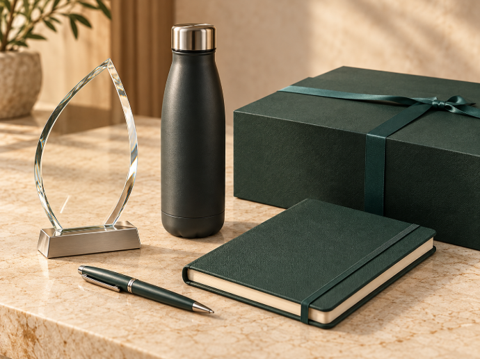 Composição ilustrativa de kit Tempo de Casa com prêmio de reconhecimento, garrafa, caderno e caneta